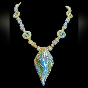 Aqua Green Glass Teardrop Shape With Calcilica Beads 20" Long